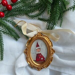 “Santa’s Little Spy” Gold Framed Elf Holiday Ornament